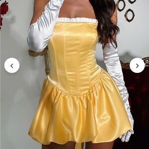 Chic Yellow Satin Corset Dress with White Gloves